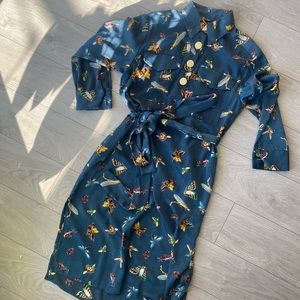 Zara blue butterfly midi shirt with tie waist dress